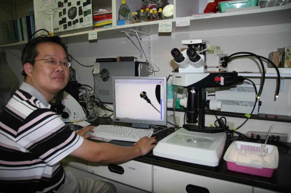 溫志宏老師(左)將斑馬魚美白實驗結合生物顯微影像分析系統，建立出全新活體高效率美白分析模組。(另開新視窗/jpg檔)圖片