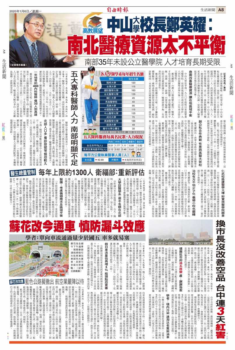 高教展望》中山大學校長鄭英耀︰南北醫療資源太不平衡（自由時報）(另開新視窗/jpg檔)圖片