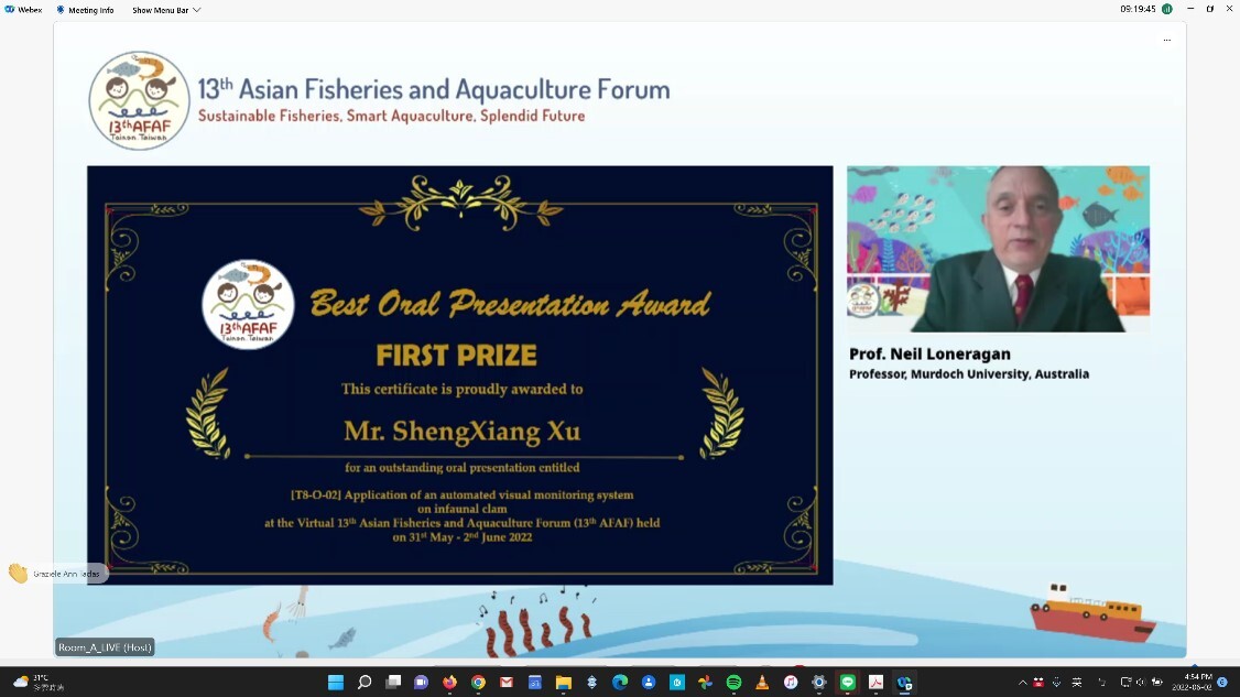 徐聖翔獲第13屆亞洲漁業和水產養殖論壇第8項主題學生論文口頭報告比賽首獎。(另開新視窗/jpg檔)